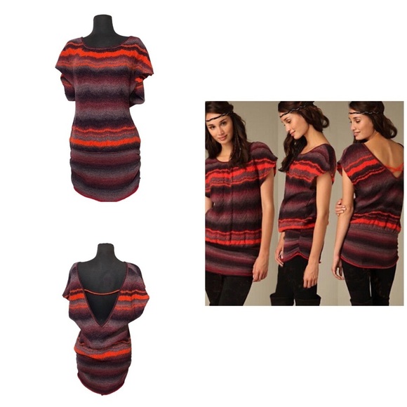 Free People Gray Orange Stripe Sweater Tunic V Back Wool Blend Short Sle… - Picture 1 of 8